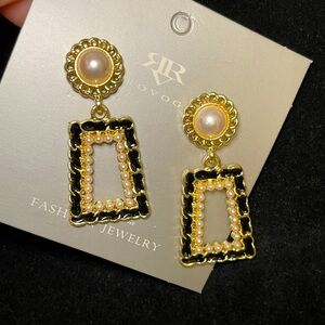 Luxury Style Faux Pearl and Enamel Gold and Black Drop Earrings